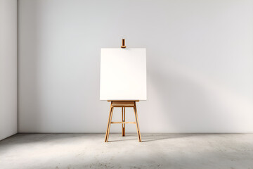 Wooden easel holding blank canvas in minimalist gallery setting
