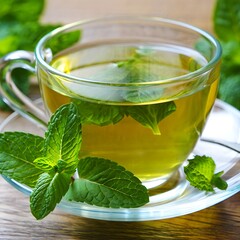 Refreshing hot mint tea in a clear glass cup with fresh mint leaves