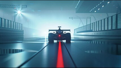 A sleek racing car glides through a futuristic pit lane, illuminated by vibrant lights. - Powered by Adobe