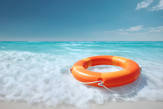 Orange lifebuoy floating on tropical beach with turquoise water