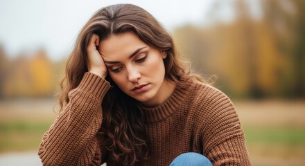 Young Female Experiencing Grief and Melancholy in Autumn Setting - Depression Awareness Photography