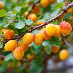 cluster of golden-orange apricots hangs from a tree branch, surrounded by lush green leaves, signaling peak ripeness and summer freshness