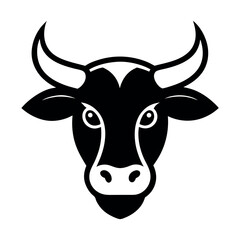 Bold Minimalist Illustration Black Cow Head with White Accents and Sharp Horns