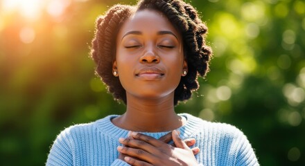 Peaceful African American Female Meditating in Nature - Stress Relief and Self-Care Lifestyle Image