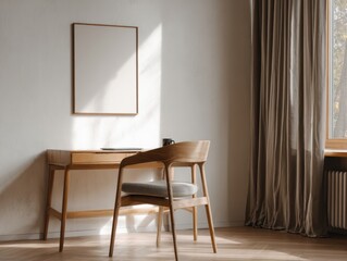 A wooden desk with a white framed picture on it. A chair is sitting in front of the desk