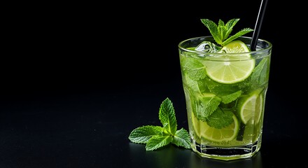 Fresh mojito cocktail with mint and lime in glass on dark background  