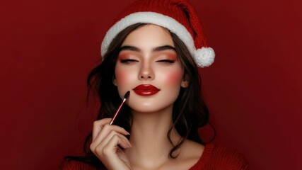 Model in santa hat wearing red lipstick with festive holiday look