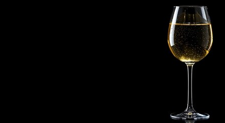 Glass of sparkling white wine on black background  