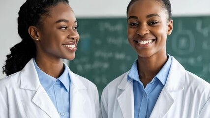 Two young women in lab coats smile at each other in front of a chalkboard with chemical equations in a classroom setting. - Powered by Adobe