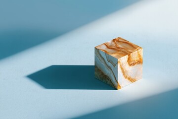 Textured marble cube on pastel blue with shadow