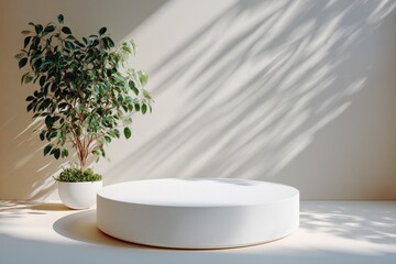 Minimal white podium with plant shadow in morning light