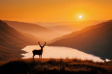 Deer silhouette at sunset over mountain lake
