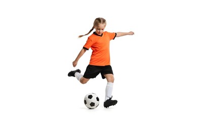 A young girl in an orange jersey and black shorts skillfully kicks a soccer ball during a game with a white background