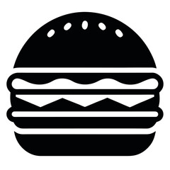 Black and White Burger Icon Featuring Sesame Seeds, Meat, Cheese, and Bun Illustration