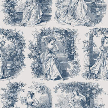 Seamless vector pattern with charming ladies in rose garden. Vintage Toile de Jouy style illustration.
