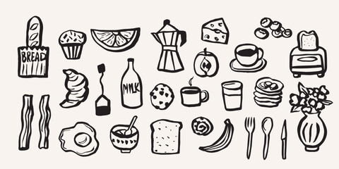 Hand drawn doodle breakfast food collection	