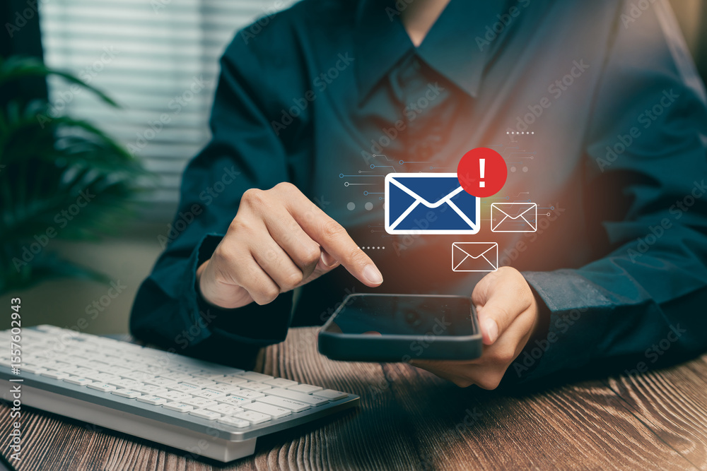 Poster email concept. person using smartphone to check notifications with email icon indicating new message