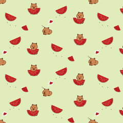 Cute capybara seamless pattern with ripe watermelons on a light background.