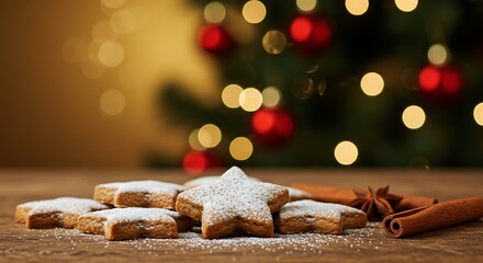 Star-shaped cookies dusted with powdered sugar near cinnamon sticks  