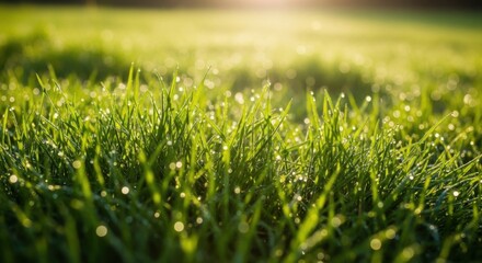 Fototapeta premium Morning Dewdrops on Green Grass Blades Bathed in Golden Sunlight