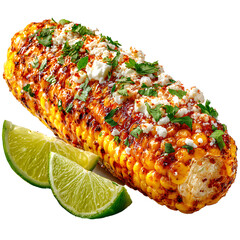 Close up of elote with lime wedges and toppings on a black background in a studio shot