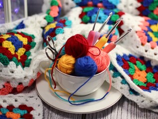 A cup and a saucer with clews balls of yarn wool and crocheted blanket handmade craft bright photo	
