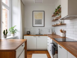 A kitchen with a wooden counter and white cabinets. A picture hangs on the wall above the sink