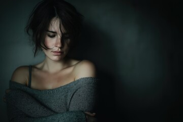 Fototapeta premium Tense woman in charcoal interior, arms clutching herself with quiet guilt