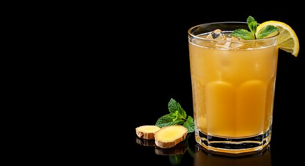 Fototapeta premium Refreshing ginger lemonade with ice and mint leaves on black background 