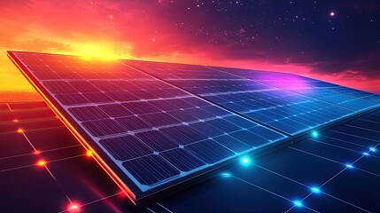 Isometric solar panel illustration with glowing grid cells and sun rays showing renewable clean energy concept