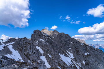 Close view of Seegrubenspitze peak from top of Hafelekarspitze in Spring with blue sky, Innsbruck, Tyrol, Austria
