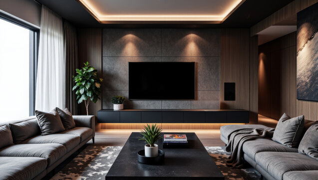 Sleek Bachelor Pad Living Room with a Modern Design and Big Screen TV