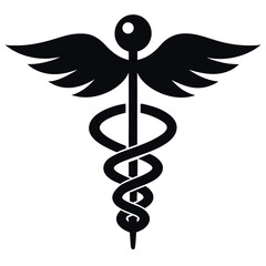 Black and White Caduceus Medical Symbol with Wings and a Snake Staff Design