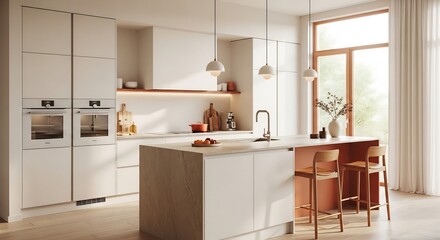 Modern, light-filled kitchen with an island, featuring warm tones and minimalist design.