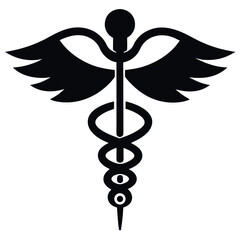 Black and White Medical Caduceus Symbol Featuring Intertwined Snakes and Wings Illustration