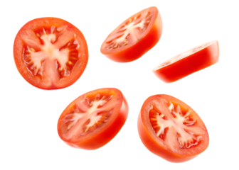  fresh tomato slices in air isolated on white background PNG , AI GENERATED