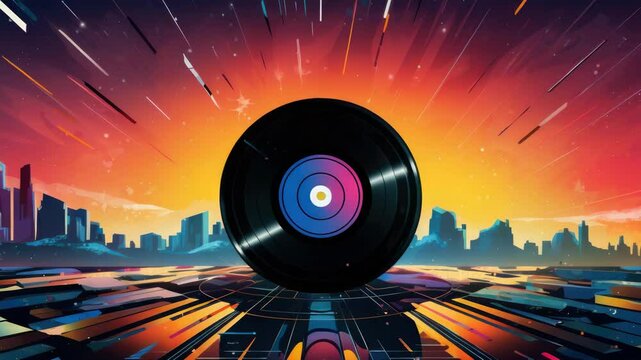 A striking digital art representation of a record with neon lights and cityscape at sunset, evoking futuristic vibes and modern urban energy. - Powered by Adobe