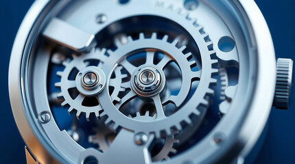Ai generated image of closeup detailed view of a silver gear mechanism in a watch showcasing its intricate design against a dark blue background