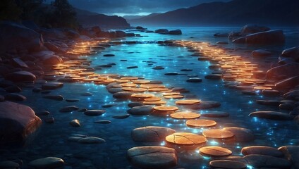 Illuminated Path Crosses Dreamlike Waterway