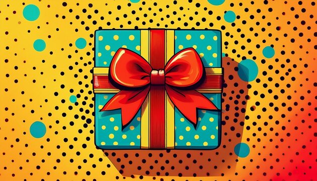 brightly colored gift box with a red bow on a yellow polka dot background featuring a pop art style design - Powered by Adobe