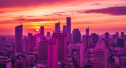 Fototapeta premium Pink and Purple City Skyline at Sunset.