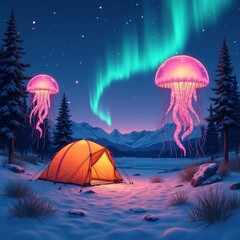 A glowing pink jellyfish drifts through a snowy forest under the vibrant aurora borealis, casting light on a surreal winter night near a frozen river. Generative, AI,