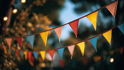 Festive colorful bunting flags hanging at an outdoor garden party or festival during a warm sunset.Strings of colorful bunting flags creating warm, celebratory atmosphere with beautiful bokeh lights