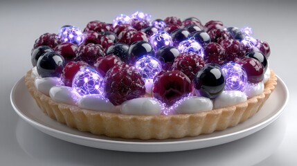 A 3D virtual prototype of a fruit tart, with glowing berry visuals, white background