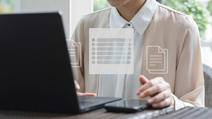Businesswoman pressing digital checklist interface in virtual screen for document approve, project...