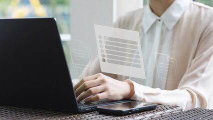 Businesswoman pressing digital checklist interface in virtual screen for document approve, project acceptance and quality assurance concept, take an assessment, questionnaire, evaluation.