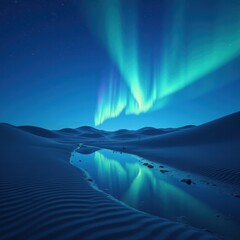 A glowing tent sits quietly on moonlit desert dunes, reflected in a winding stream beneath a breathtaking aurora borealis swirling in the clear night sky. Generative, AI,