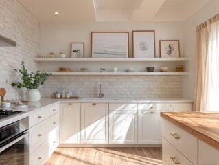 A kitchen with a white countertop and wooden cabinets. A vase with flowers sits on the counter