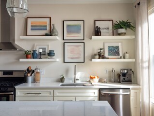 Fototapeta premium A kitchen with white cabinets and a stainless steel sink. A silver dishwasher is on the right side of the kitchen