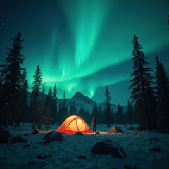 An orange tent glows warmly in a snowy forest beneath a vivid green aurora borealis, casting magical light across the wintry landscape under a starry sky. Generative, AI,